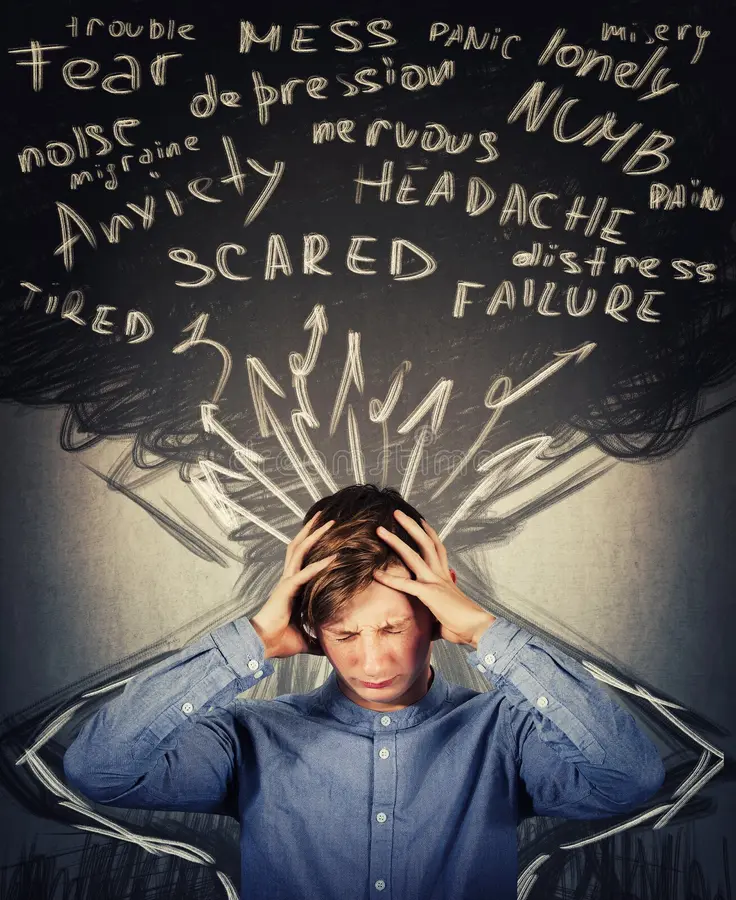 A person overwhelmed by worry, surrounded by chalked words of stress