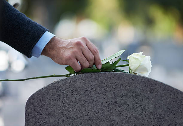 A hand placing a white rose on a gravestone in remembrance